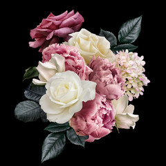Panele Szklane  Różowa piwonia, białe róże, hortensja na białym na czarnym tle. Kompozycja kwiatowa, bukiet kwiatów ogrodowych. Może służyć do zaproszenia ślubne, karty z pozdrowieniami.