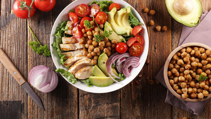buddhal bowl, vegetable salad with grilled chicken, avocado, tomato and chickpea