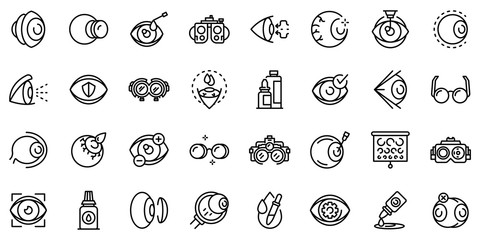 Optician icons set. Outline set of optician vector icons for web design isolated on white background - obrazy, fototapety, plakaty