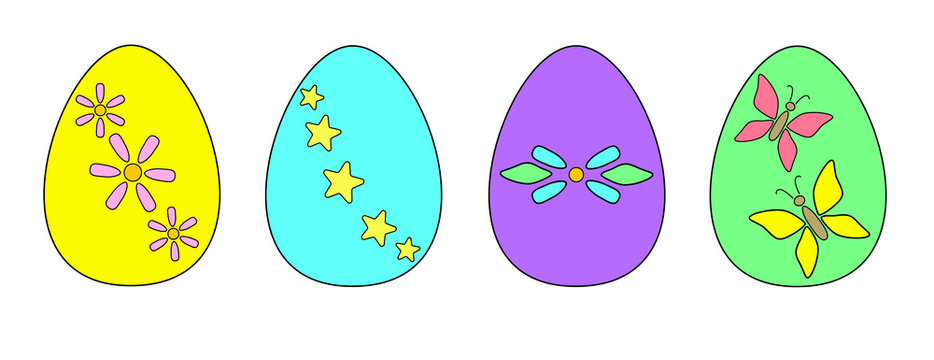 Multi-colored Easter eggs with drawings - set for Easter. Easter eggs of yellow, green, gray, blue colors with the image of butterflies, stars and spring flowers - full color vector illustration.