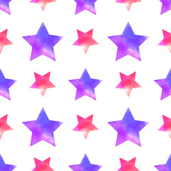 Fun and sweet seamless pattern with watercolor stars. Decorative ornament for packaging, wrapping paper, scrapbook, banners, cards