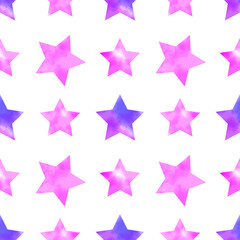Obraz premium Sweet bright seamless pattern with watercolor stars. Decorative ornament for packaging, wrapping paper, scrapbook, banners, cards