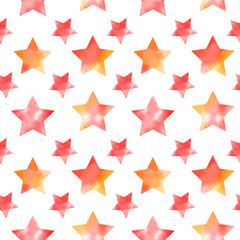 Watercolor seamless pattern with red and orange stars. Decorative ornament for packaging, wrapping paper, scrapbook, banners, textile