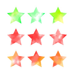 Set of watercolor green, red and orange stars. Decorative elements for packaging, labels, scrapbook, banners, cards, logos
