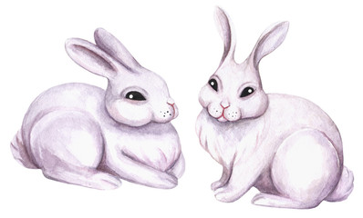 Cute white rabbits. Watercolor set of illustrations isolated on white background. Hand painted
