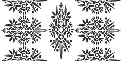 Ikat pattern etnic indian ornamental black and white illustration. Navajo motif texture ornate  design for surface print. Black and white background.