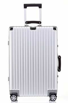 Delicate silver-white metal suitcase against a black background