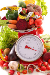 diet food concept- fruit and vegetable on balance