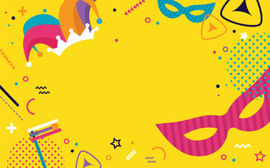 Happy Purim. jewish holiday background and Carnival funfair banner with Carnival masks and traditional Jewish items.