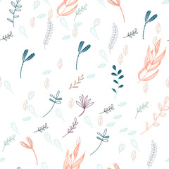 Trendy outline native foliage and leaves seamless pattern. Small and medium elements paradise flora leaves.Vector illustration.