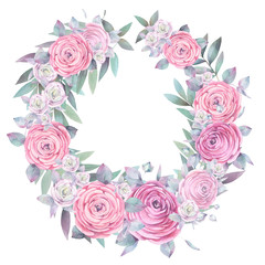 Floral round wreath of pink roses and green branches. Hand drawn watercolor illustration.