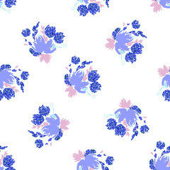 Obraz na płótnie Canvas Blue floral background. Vector glitter textured seamless pattern with flowers bouquet