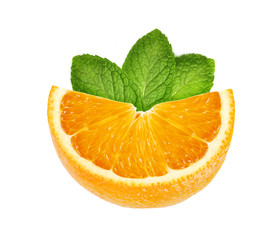 Slice of sweet juicy orange fruit with mint herb isolated on white background