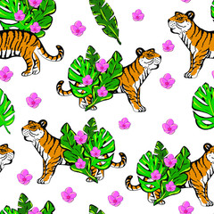 Tigers, tropical , animal, botanical vector seamless pattern on white background . Concept for print, texile, wallpaper, wrapping paper 