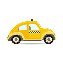 Cute cartoon yellow taxi car. Retro taxi vector illustration on white background. Public transport image. Colorful vector icon of yellow car. Taxi service logo isolated. Transfer service.