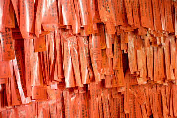 Macau, China - May 04 2018 : Talisman orange paper with chinese stacked