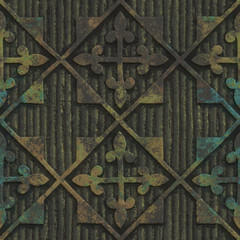 Copper seamless texture with geometric pattern on a oxide metallic background, 3d illustration