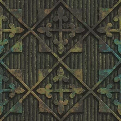 Vlies Fototapete Industrieller Stil Kupferne nahtlose Textur mit geometrischem Muster auf einem metallischen Oxidhintergrund, 3D-Darstellung