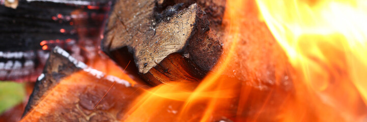 Focus on campfire full of flames possessing dead highly efficient type of forest wood specially cut for heat release usage in large scale amounts and factory production. Blurred background