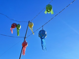 Colorful traditional paper lanterns hanging in buddhist temple in North of Thailand