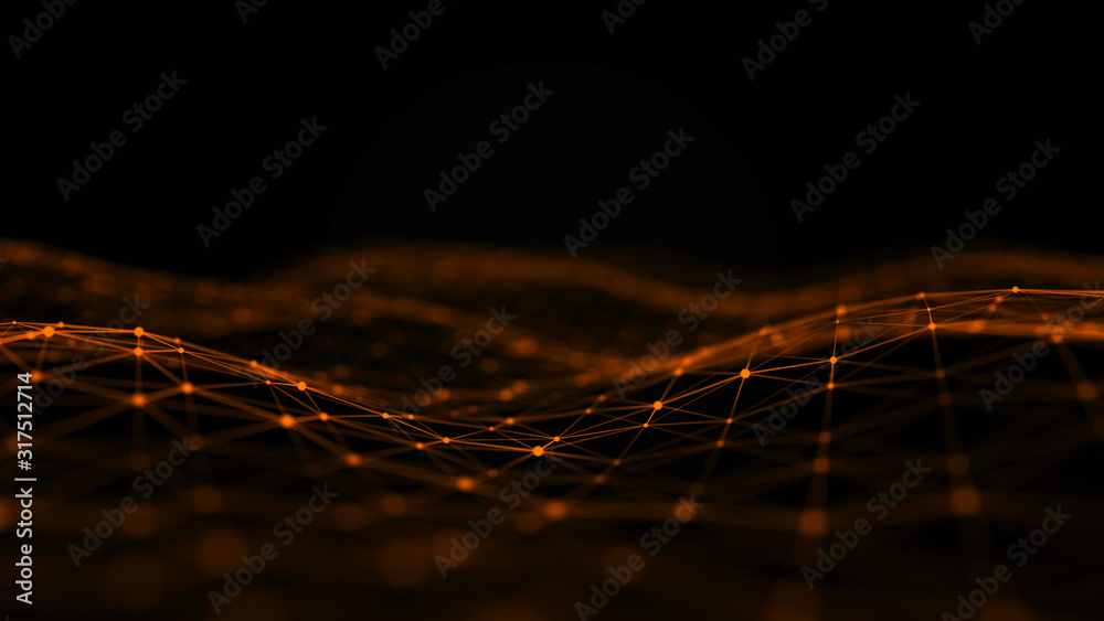 Poster Wave with interweaving of dots and lines. Network connection structure. Abstract technology background.