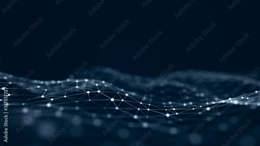 Fototapete Wave with interweaving of dots and lines. Network connection structure. Abstract technology background.