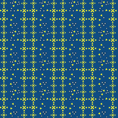 Seamless vector geometric pattern. Yellow and white flowers on a deep blue background. Yellow flowers are collected in squares. Vintage textures. Flower pattern-cage for fabric, packaging, wallpaper