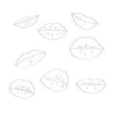  doodle lips print isolated vector set.  Sexy lips , kiss mouth. Female mouth. Print of lips vector background.  Lips Silhouette 