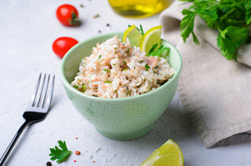 Rice with Tuna, Delicious Salad or Appetizer in a Bowl