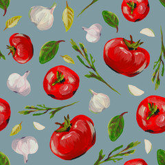 Seamless pattern with tomatoes, arugula, basil and garlic, herbs, salad. Gouache hand drawn illustration. Fresh food vegetarianism. Design for textiles, packaging, fabrics, menus, restaurants, cafes.