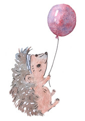 Little cute hedgehog holds a red balloon in its paws. Drawn by hand in watercolor. On white background.