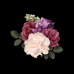 Dark red roses, white peony, lilac isolated on black background. Vintage floral arrangement, bouquet of garden flowers. Can be used for invitations, greeting, wedding card.