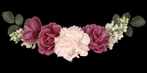 Dark red roses, white peony, lilac isolated on black background. Vintage line floral arrangement,...