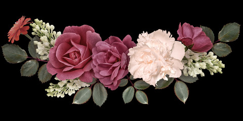 Dark red roses, white peony, lilac isolated on black background. Vintage floral arrangement,...