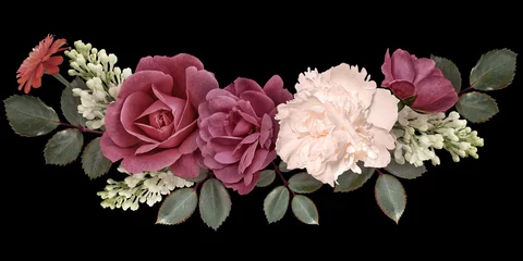 Dark red roses, white peony, lilac isolated on black background. Vintage floral arrangement, bouquet of garden flowers. Can be used for invitations, greeting, wedding card.