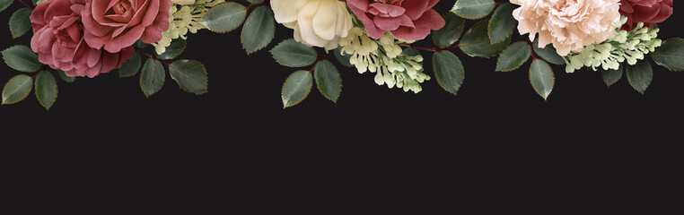 Floral banner, header with copy space. Dark red roses, white lilac isolated on dark background. Natural flowers wallpaper or greeting card.