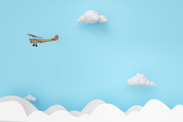 Paper Style of aircraft flying over sky throw on the cloud. 3D rendering