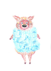  children`s pencil drawing. A shaggy fox-like dog in a knitted blue plaid.