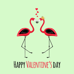 Happy Valentine's day. Greeting card with two kissing pink flamingo. I love you. 14 february. Vector illustration isolated in blue background.