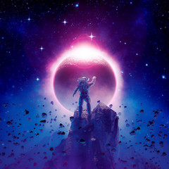 The final eclipse / 3D illustration of science fiction scene showing astronaut viewing solar eclipse from mountain surrounded by asteroids in space - 317516918
