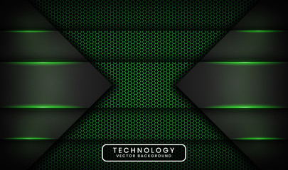Abstract 3D black techno background overlap layers on dark space with green light effect decoration. Modern graphic design template elements for poster, flyer, brochure, landing page, or banner