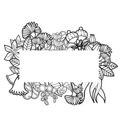 The frame is surrounded by a variety of flowers and leaves.hand drawing illustration vector