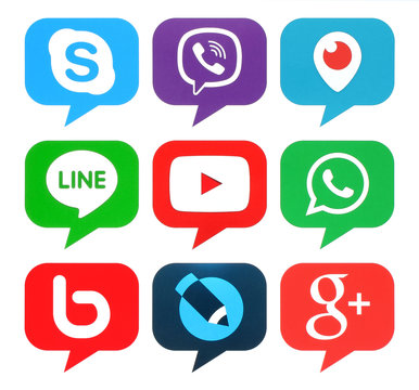 Kiev, Ukraine - April 12, 2016: Collection of popular bubble shape social media logos printed on paper:Skype, Viber, Periscope, Line, Youtube, Livejournal, Google Plus, WhatsApp and Bebo