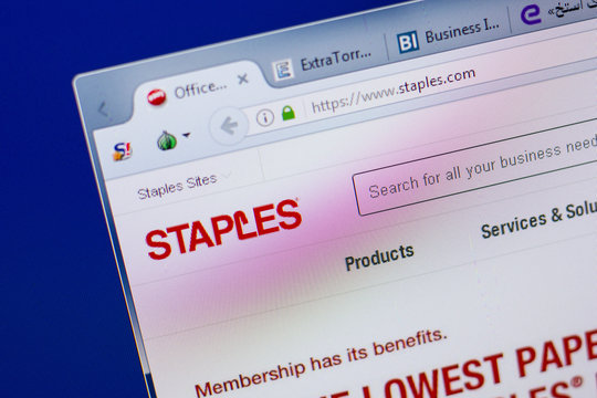 Ryazan, Russia - June 17, 2018: Homepage of Staples website on the display of PC, url - Staples.com.