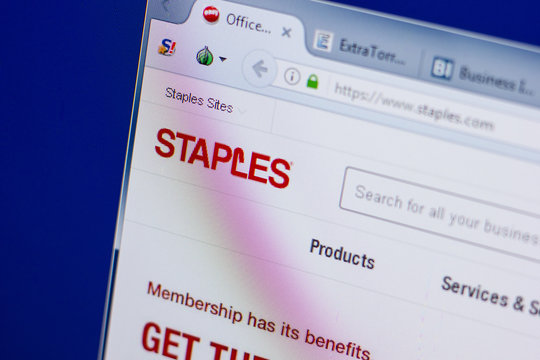 Ryazan, Russia - June 17, 2018: Homepage of Staples website on the display of PC, url - Staples.com.