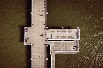 Aerial view on Gdansk Brzezno pier with many people.