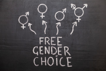 A symbol of transgender and female and male gender symbols on a chalkboard. The text on the Board "Free of gender choice"