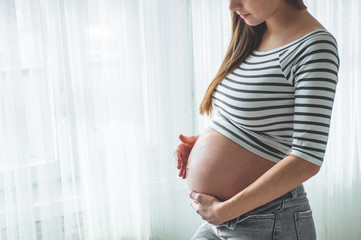 Happy pregnant woman with big belly by the window. Concepts of pregnancy and family