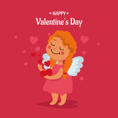 Funny cupid girl cartoon character. Valentine’s day poster. Amur baby angel. Vector illustration in flat style