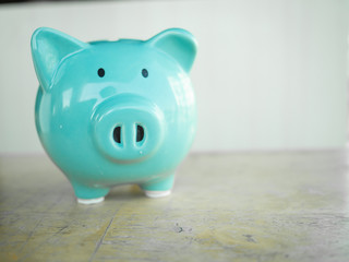Fototapeta premium Blue piggy bank with white backgound. space for copy space